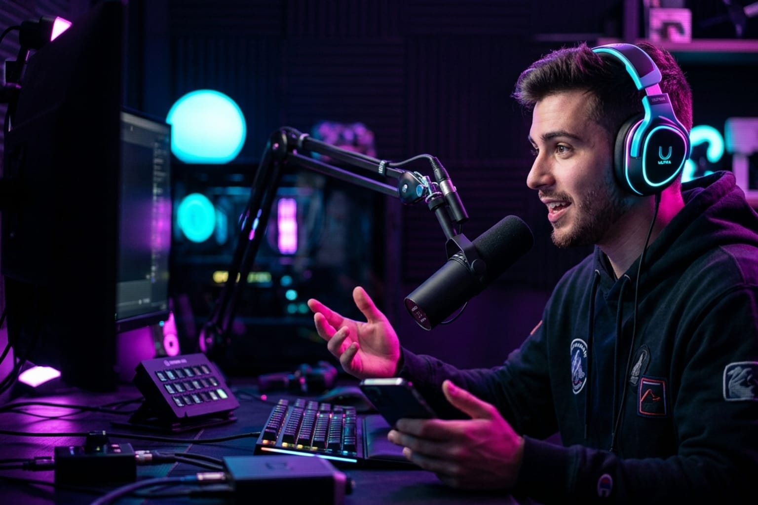 A live streamer performing to camera under magenta and cyan neon light